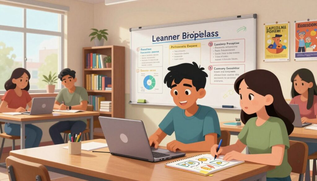 A collaborative workspace featuring diverse Spanish-speaking students engaged in study and goal-setting. In the foreground, two students, a Hispanic boy and a Hispanic girl, are actively discussing their educational goals, using a laptop and notepad filled with colorful diagrams. The middle layer displays a whiteboard covered in charts representing learner profiles, highlighting proficiency areas like reading, writing, and digital skills. The background showcases bookshelves filled with educational resources and motivational posters. The room is brightly lit by natural light streaming through large windows, creating a warm, inviting atmosphere. The scene conveys a sense of focus, teamwork, and determination, emphasizing the journey of learning and personal growth.