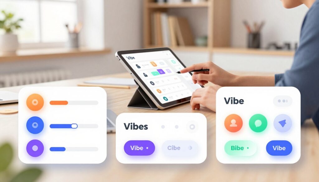 A collection of sleek, modern Vibe UI components displayed on a clean, well-lit workspace. In the foreground, a colorful array of buttons, sliders, and card elements, each showcasing unique design tokens with consistent colors and styles. The middle ground features a designer's hands working on a tablet, illustrating the application of these tokens onto the components. The background is softly blurred, showing a minimalist design studio with shelves of design books and tools. Soft, natural light filters in through a window, creating a bright and inviting atmosphere. The image conveys a sense of creativity and professionalism, ideal for showcasing the concept of maintainable UI design.