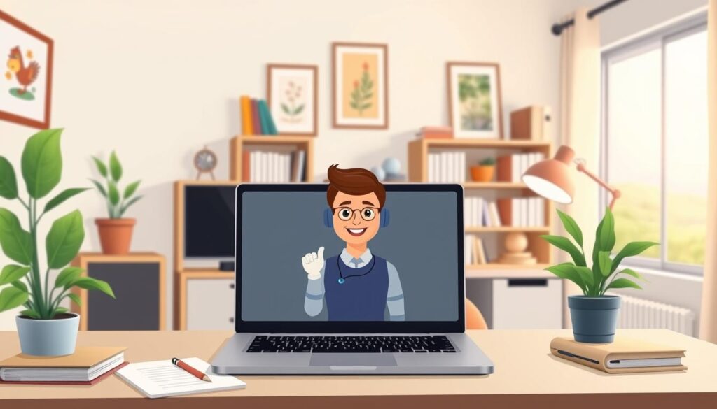 A cozy and approachable office scene showcasing a small business management support chatbot. In the foreground, a friendly AI assistant avatar is displayed on a laptop screen, ready to assist with inquiries. The middle ground features a tidy desk setup with a potted plant, notebooks, and a warm desk lamp. The background depicts a inviting home office environment, with bookshelves, framed artwork, and a softly lit window overlooking a serene outdoor landscape. The lighting is soft and natural, creating a welcoming atmosphere. The overall scene conveys an efficient, personalized, and accessible AI-powered support system tailored for the needs of small and medium-sized businesses.