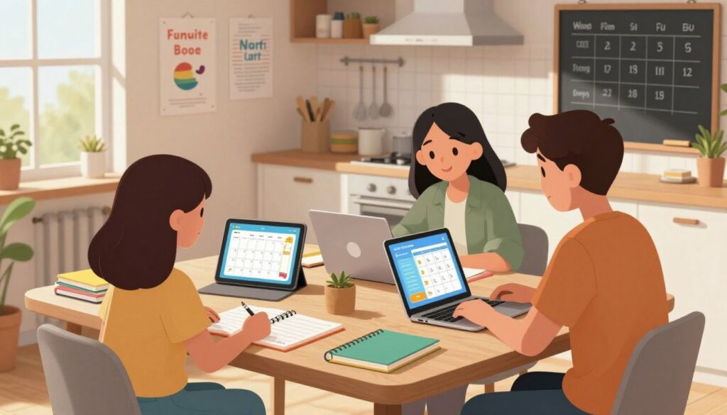 A cozy family workspace, showcasing a modern kitchen table bustling with organization tools for remote learning. In the foreground, a mother and father, dressed in smart casual attire, are actively engaged with a laptop, discussing study schedules. The middle layer features colorful notebooks, planners, and a digital tablet displaying educational apps, along with a calendar filled with study routines. In the background, a well-lit room adorned with motivational posters and a chalkboard displaying weekly goals creates an inspiring atmosphere. Soft, natural light streams through a window, casting gentle shadows and adding warmth to the scene, while conveying a sense of productivity, support, and collaboration in family learning.