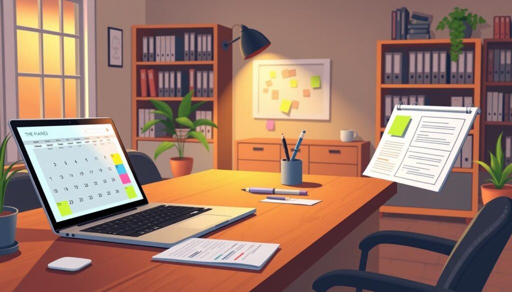 A cozy, well-lit home office with a large wooden desk, a sleek laptop, and a calendar planner open, surrounded by colorful sticky notes and a pen holder. In the background, a bookshelf filled with organizational binders and a small potted plant adds a touch of greenery. Warm, indirect lighting casts a soft glow, creating a focused and productive atmosphere. The overall scene conveys a sense of efficient scheduling, time management, and a streamlined financial planning workflow.