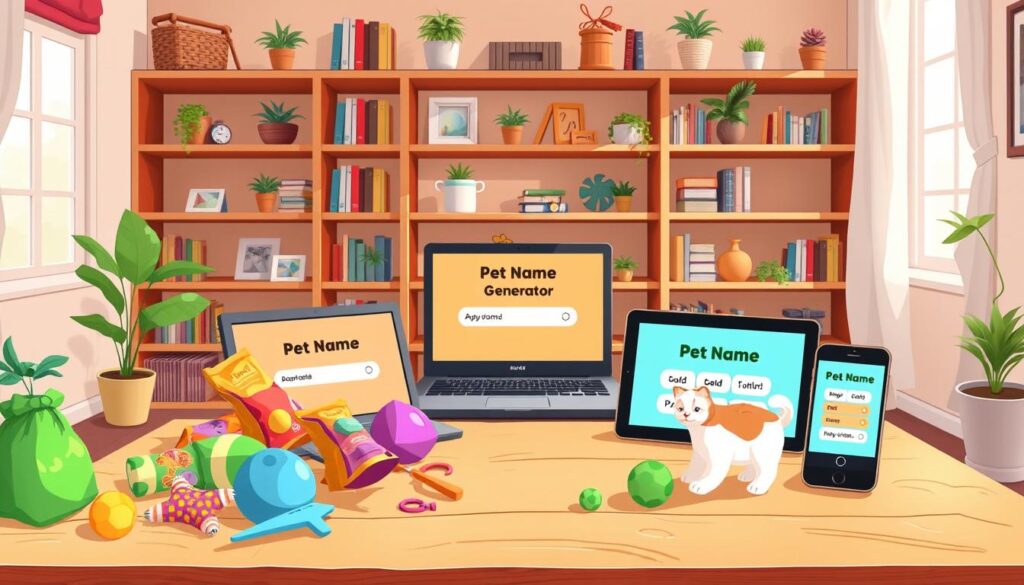 A cozy, well-lit room with a wooden table in the foreground, hosting an array of colorful pet toys, bags of treats, and a cute, fluffy puppy or kitten playing amongst them. In the middle ground, an assortment of digital devices, including a laptop, tablet, and smartphone, showcasing a vibrant, user-friendly interface for a pet name generator. The background features shelves filled with books, plants, and other homey accents, creating a warm, inviting atmosphere. The lighting is soft and diffused, lending a pleasant, natural glow to the scene. The overall composition conveys a sense of creativity, playfulness, and the joy of finding the perfect pet name.