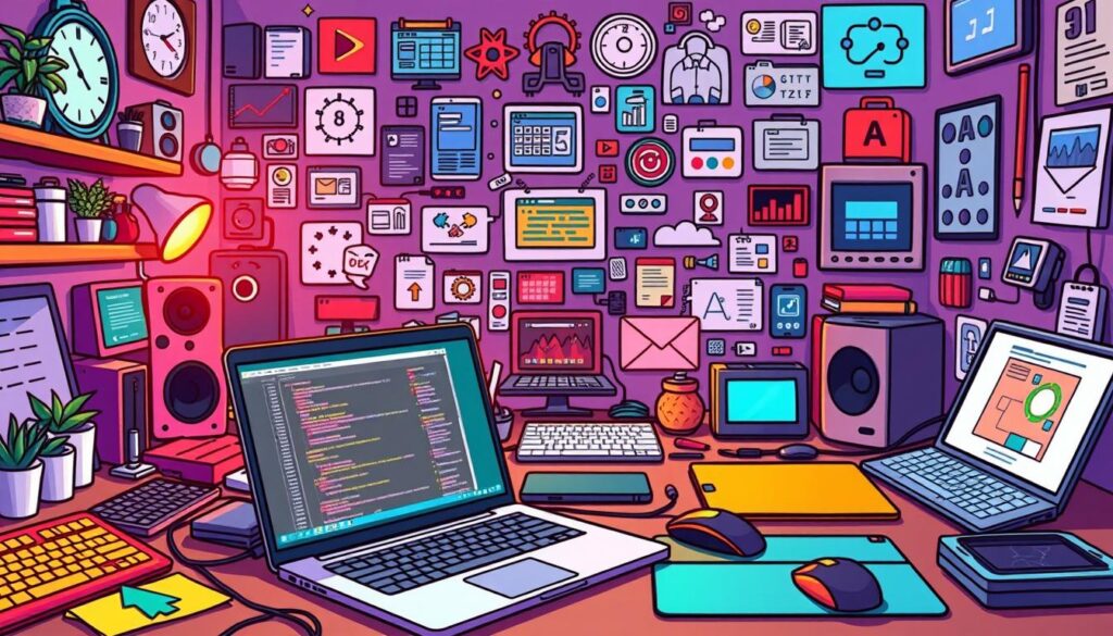 A cozy, well-lit workspace brimming with the tools of the vibe coding trade. In the foreground, a sleek laptop, its screen glowing with a vibrant code editor, surrounded by an array of colorful keyboards, mice, and drawing tablets. In the middle ground, an assortment of low-code platforms and visual programming interfaces, their intuitive interfaces and drag-and-drop capabilities on full display. The background features a collage of digital agents, virtual assistants, and AI-powered productivity tools, all working in harmony to fuel the creative flow of the vibe coding experience. The overall scene exudes a sense of effortless productivity, where technology seamlessly enhances the coding process, enabling a truly immersive and enjoyable creative workflow.