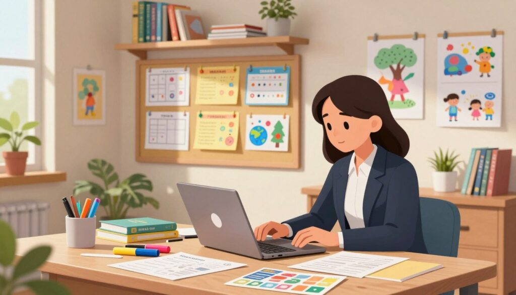 A cozy, well-organized home office setting focused on curriculum planning. In the foreground, a homeschooling parent, dressed in professional business attire, is seated at a desk, working intently on a laptop. Papers, colorful markers, and educational resources, like books and flashcards, are scattered around, crafting a vibrant learning environment. The middle layer features a bulletin board filled with notes, charts, and visual aids representing different subjects, such as math, science, and art. In the background, shelves lined with educational materials, children's art projects, and plants create a warm atmosphere. Soft, natural lighting enters through a window, casting gentle shadows. The scene conveys a sense of inspiration and productivity, highlighting the integration of AI tools in curriculum design.