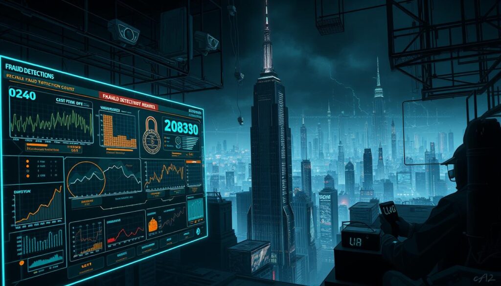 A dark, moody cyberpunk landscape depicting a complex web of financial transactions, digital signatures, and security protocols. In the foreground, a glowing holographic dashboard displays real-time fraud detection analytics, with intricate graphs and visualizations tracking suspicious activity. The middle ground features a towering skyscraper, its facade adorned with a matrix of neon-lit security cameras and biometric scanners. In the distant background, a cityscape of gleaming spires and towering monoliths is partially obscured by a haze of digital interference, suggesting the ever-evolving nature of financial fraud. Dramatic chiaroscuro lighting casts dramatic shadows, heightening the sense of tension and vigilance required in this high-stakes world of digital finance.