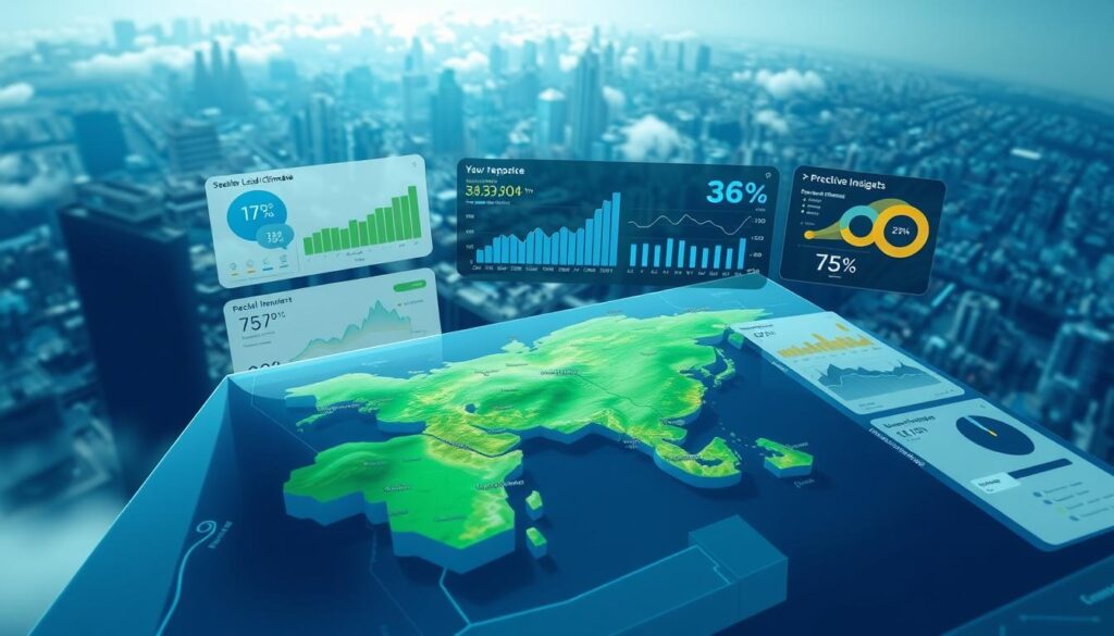 A detailed aerial view of a hyper-local climate data visualization dashboard. In the foreground, a seamless interactive display shows real-time environmental metrics - temperature, precipitation, wind speed, and air quality - overlaid on a 3D topographical map of the surrounding region. In the middle ground, sleek data visualization panels reveal granular climate trends and predictive insights, presented with clean typography and intuitive infographics. The background features a cityscape shrouded in a subtle haze, hinting at the broader climate context. The lighting is cool and crisp, with deep shadows and highlights that accentuate the crisp, high-tech aesthetic. The camera angle is slightly elevated, giving a sense of expansive oversight and control over the hyper-local climate intelligence.