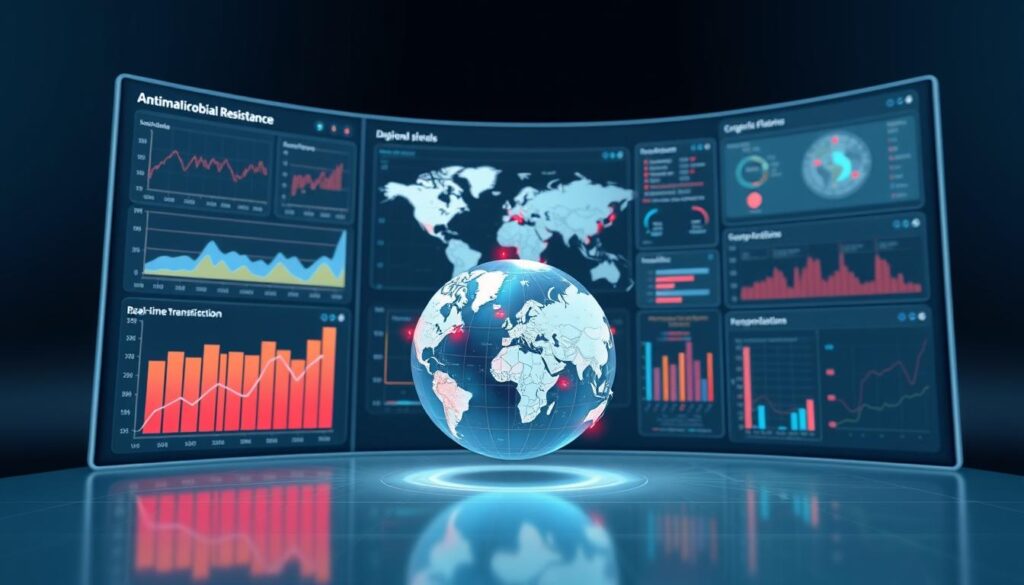 A detailed, high-resolution visualization of antimicrobial resistance data presented on a sleek, modern digital dashboard. The foreground showcases interactive charts, graphs, and visualizations displaying antibiotic resistance trends, regional comparisons, and real-time surveillance data. The middle ground features a 3D globe highlighting global hotspots and transmission patterns, while the background depicts a clean, minimalist interface with subtle data overlays. Rendered in a cool, neutral color palette with sharp lighting and depth of field to create a professional, data-driven aesthetic suitable for a public health surveillance article.