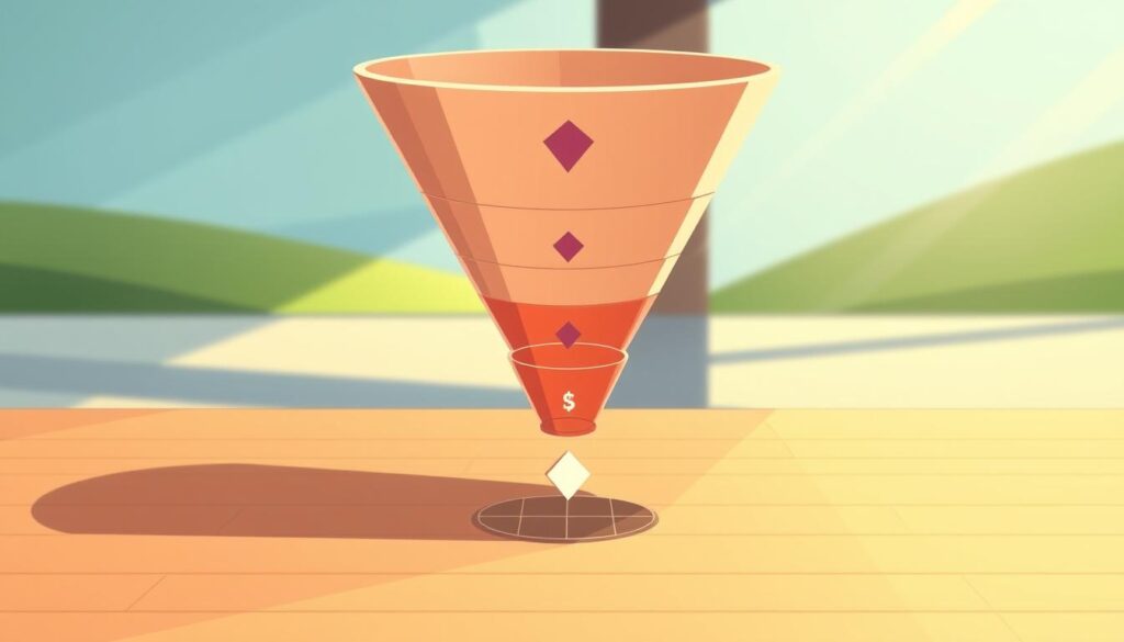 A digital illustration of a sales funnel in a warm, inviting atmosphere. In the foreground, a sleek, minimalist funnel shape with distinct stages represented by various geometric shapes, guiding the viewer's eye from the wide top to the narrow bottom. The middle ground features a subtle grid-like pattern, symbolizing the systematic nature of the sales process. In the background, a soft, blurred landscape with a hint of greenery, suggesting a sense of growth and progression. Lighting is gentle and diffused, creating a serene, professional ambiance. The overall composition conveys the efficient and structured nature of a sales funnel.