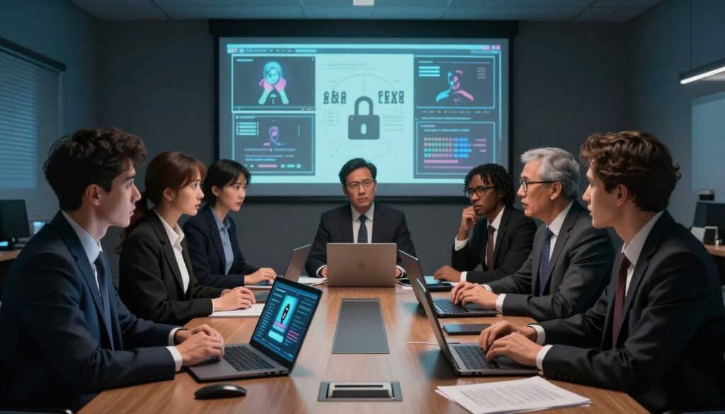 A dimly lit corporate office setting, with a focus on a large conference table in the foreground. In the middle, a group of diverse professionals in smart business attire are engaged in intense discussion, their expressions reflecting concern and determination. On the table, there are laptops displaying deepfake videos, and documents showing security protocols. In the background, a large screen projects unsettling deepfake examples, casting a faint glow in the room. Shadows create a tense atmosphere, suggesting the gravity of the vulnerabilities they face. The lighting is dramatic, with deep contrasts and sidelighting to add depth. The image should evoke a sense of urgency and awareness surrounding deepfake security risks. A dimly lit corporate office setting, with a focus on a large conference table in the foreground. In the middle, a group of diverse professionals in smart business attire are engaged in intense discussion, their expressions reflecting concern and determination. On the table, there are laptops displaying deepfake videos, and documents showing security protocols. In the background, a large screen projects unsettling deepfake examples, casting a faint glow in the room. Shadows create a tense atmosphere, suggesting the gravity of the vulnerabilities they face. The lighting is dramatic, with deep contrasts and sidelighting to add depth. The image should evoke a sense of urgency and awareness surrounding deepfake security risks.