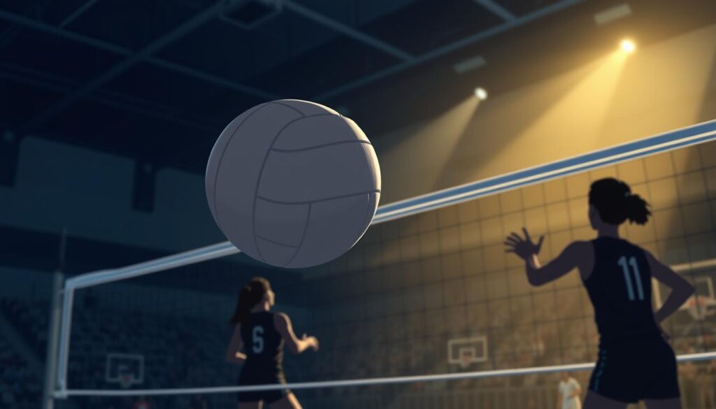 A dimly lit indoor volleyball court, with a high-contrast spotlight illuminating the center of the net. In the foreground, the volleyball is captured in mid-air, its seams and texture clearly visible, as it makes its way towards a player poised to receive the serve. The players themselves are seen in silhouette, their movements and athleticism conveyed through dynamic poses. The background is slightly blurred, but suggests a crowd of spectators, their energy and anticipation palpable. The overall atmosphere is one of intensity, focus, and the thrill of competitive sports.