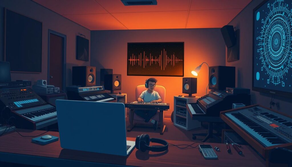 A dimly lit recording studio with a cozy, atmospheric vibe. In the foreground, a sleek laptop and headphones are placed on a wooden desk, surrounded by an array of synthesizers, MIDI controllers, and other music production gear. Soft, warm lighting casts a gentle glow, creating a soothing, focused ambiance. The middle ground features a musician seated in a comfortable chair, immersed in the creative flow of vibe coding, fingers dancing across the keyboard. In the background, a wall-mounted display showcases a mesmerizing visualization of sound waves and digital patterns, adding to the captivating, techno-organic aesthetic. The overall scene conveys a sense of deep concentration, creative inspiration, and the harmonious fusion of music and technology. A dimly lit recording studio with a cozy, atmospheric vibe. In the foreground, a sleek laptop and headphones are placed on a wooden desk, surrounded by an array of synthesizers, MIDI controllers, and other music production gear. Soft, warm lighting casts a gentle glow, creating a soothing, focused ambiance. The middle ground features a musician seated in a comfortable chair, immersed in the creative flow of vibe coding, fingers dancing across the keyboard. In the background, a wall-mounted display showcases a mesmerizing visualization of sound waves and digital patterns, adding to the captivating, techno-organic aesthetic. The overall scene conveys a sense of deep concentration, creative inspiration, and the harmonious fusion of music and technology.