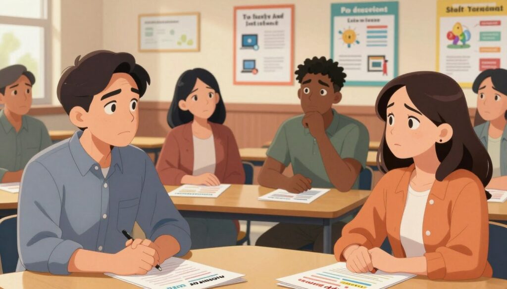 A diverse group of concerned parents gathered at a school meeting. In the foreground, a middle-aged father in a button-up shirt and a mother in a smart blouse, both engaged in a serious discussion about AI in education. They display expressions of curiosity and concern. In the middle ground, a younger couple represents different backgrounds, actively listening while surrounded by informational pamphlets on safety and privacy. The background features a school auditorium with informative posters about technology and data usage on the walls. Soft, warm lighting enhances the focused atmosphere, while the setting captures a sense of urgency and responsibility. The image should evoke a mood of contemplation and community engagement, showcasing the importance of parental dialogue around AI in schools.