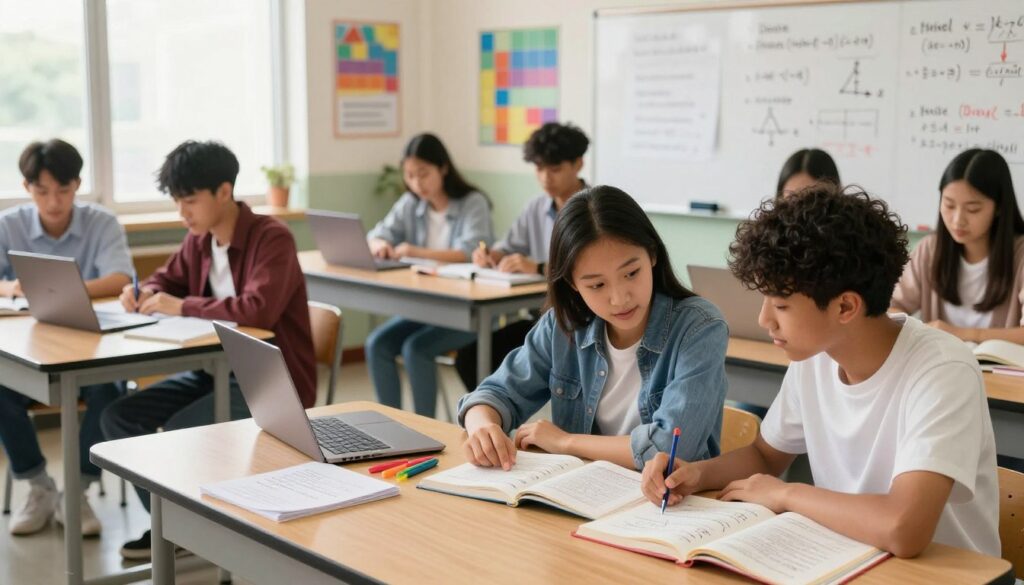 A diverse group of high school students engaged in collaborative study, focused on various subjects like math, science, and literature. In the foreground, a pair of students of different ethnicities are discussing over open textbooks, showcasing complex diagrams and equations. In the middle, tables are filled with laptops, notebooks, and colorful stationary, illustrating an organized yet lively learning environment. The background features a classroom with educational posters on the walls and a large whiteboard filled with notes. Soft, natural lighting streams through large windows, creating a bright and inviting atmosphere. The image should convey a sense of teamwork, curiosity, and academic dedication, captured with a slight angle from the side to emphasize camaraderie and engagement. A diverse group of high school students engaged in collaborative study, focused on various subjects like math, science, and literature. In the foreground, a pair of students of different ethnicities are discussing over open textbooks, showcasing complex diagrams and equations. In the middle, tables are filled with laptops, notebooks, and colorful stationary, illustrating an organized yet lively learning environment. The background features a classroom with educational posters on the walls and a large whiteboard filled with notes. Soft, natural lighting streams through large windows, creating a bright and inviting atmosphere. The image should convey a sense of teamwork, curiosity, and academic dedication, captured with a slight angle from the side to emphasize camaraderie and engagement.