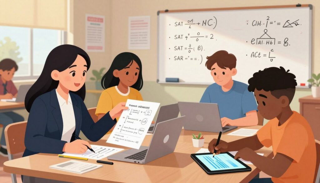 A diverse group of high school students engaging in a collaborative study session to prepare for standardized tests like STAAR, SAT, and ACT. In the foreground, a focused Asian girl in professional attire is explaining a math problem to her peers, while a Black boy takes notes attentively on a tablet. In the middle ground, a Hispanic girl is using a laptop to research test strategies, and a Caucasian boy is solving a problem on a whiteboard. The background features a cozy classroom environment adorned with motivational posters related to education. Soft, warm lighting filters through a window, creating a productive and encouraging atmosphere. The scene conveys determination and teamwork, ideal for highlighting the role of AI in academic preparation.