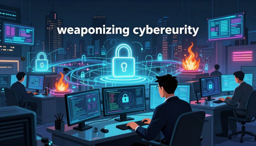 A dramatic digital landscape illustrating the concept of “weaponizing cybersecurity.” In the foreground, a hacker in professional business attire sits focused at a high-tech workstation filled with glowing screens displaying code and AI algorithms. The middle layer shows a complex web of interconnected security systems, represented by glowing locks and firewalls, while abstract AI data streams pulse around them. In the background, a darkened cityscape is illuminated by neon lights and digital billboards, highlighting the ongoing cyber warfare. The lighting is sharp and high-contrast, with deep shadows enhancing the mood of urgency and sophistication. A wide-angle perspective captures the expansive scene, evoking a sense of tension and technological advancement in the battle against cyber threats.