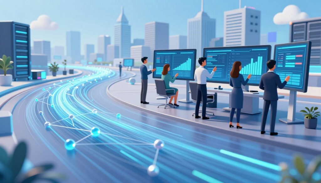 A dynamic and futuristic digital landscape illustrating "scalability performance." In the foreground, an abstract representation of data flowing smoothly through interconnected nodes and networks, symbolizing efficiency and speed. The middle ground features a team of diverse professionals in smart business attire analyzing large data screens, showcasing collaboration and innovation. The background displays an expansive city skyline with towering servers and cloud symbols, suggesting growth and scalability. Bright, uplifting lighting enhances the high-tech atmosphere, creating a sense of optimism and progress, while a slightly blurred depth of field brings focus to the professionals and their data interactions. The overall mood is one of aspiration and forward-thinking.