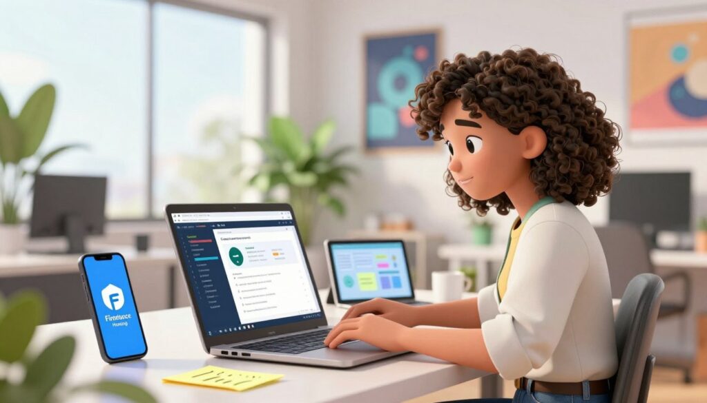 A dynamic and inviting workspace scene featuring a young coder deploying a web project using Firebase Hosting. In the foreground, a teenage girl with curly hair, dressed in casual yet professional attire, is focused on her laptop, with code and a web browser open on the screen. The middle ground showcases bright tech-related items like a smartphone, a tablet displaying Firebase analytics, and sticky notes with ideas. In the background, a modern office space with large windows allowing natural light to flood in, plants for a touch of greenery, and abstract tech posters on the walls creates an inspiring atmosphere. The overall mood is energetic and innovative, capturing the excitement of coding and web deployment. Subtle lens blur enhances focus on the coder, evoking a sense of active creativity.