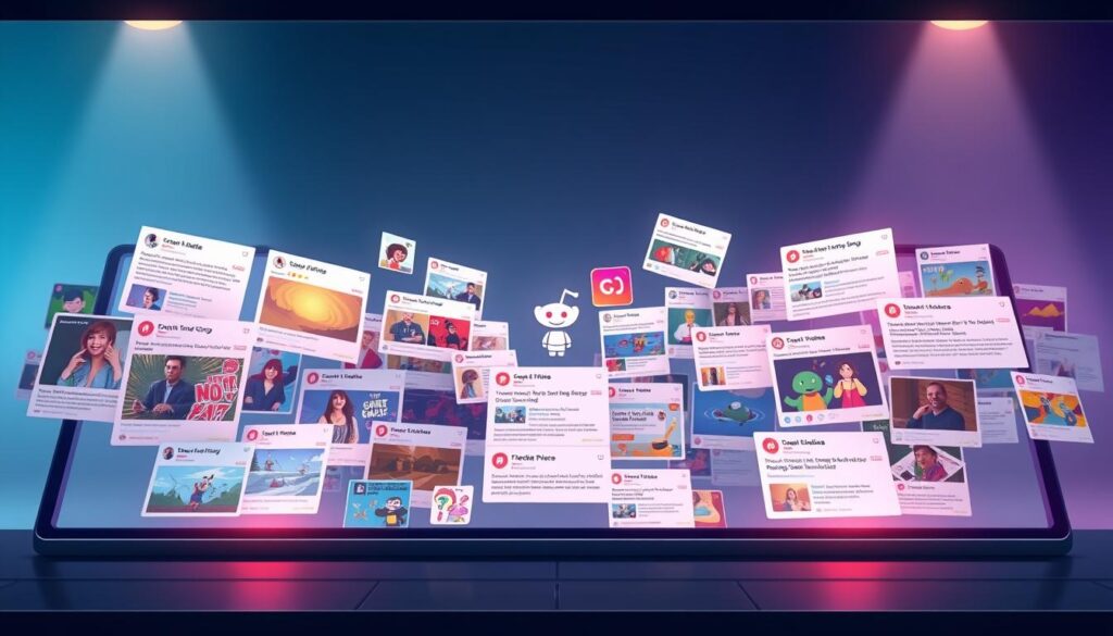 A dynamic array of Reddit posts, cascading across a sleek, modern interface. The foreground features an assortment of trending topics, vibrant thumbnails, and captivating post titles, all rendered in a crisp, high-resolution display. The middle ground showcases a fluid, AI-generated interaction, with users upvoting, commenting, and sharing content in real-time. In the background, a subtle gradient of blues and grays evokes a sense of digital connectivity, while strategic lighting and camera angles emphasize the cutting-edge, algorithmically-driven nature of the scene. The overall mood is one of efficiency, engagement, and the potential for virality, perfectly capturing the essence of using AI to generate compelling Reddit content for content farms.