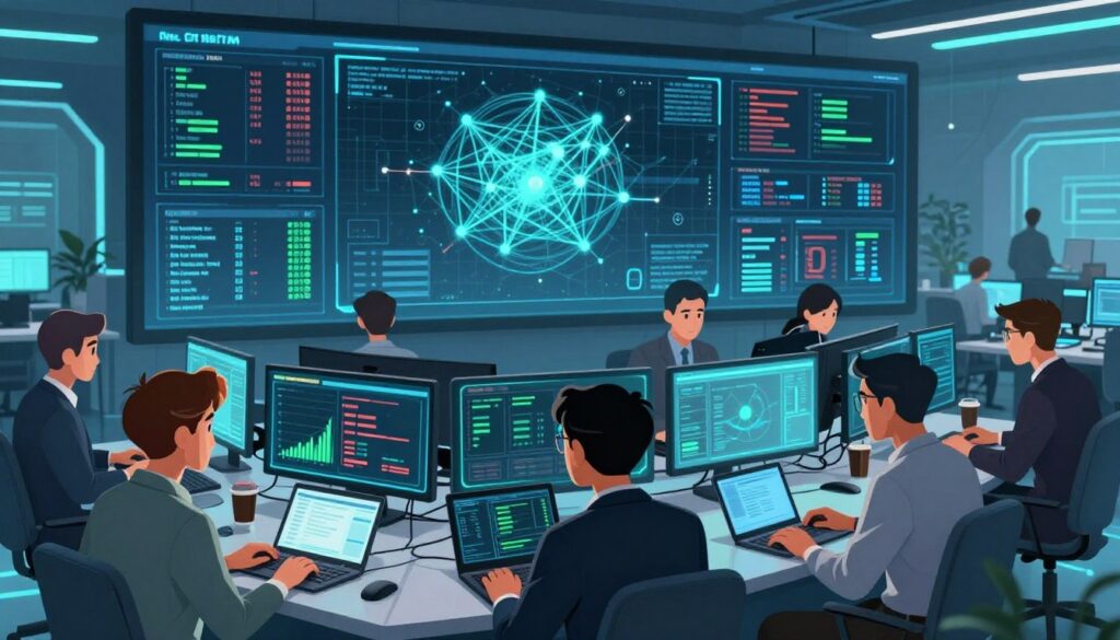 A dynamic cybersecurity operations room filled with focused professionals in smart business attire analyzing large digital screens filled with data visualizations, threat maps, and real-time alerts. In the foreground, a diverse group of analysts collaborates, using laptops and tablets to interpret cyber threat data, displaying expressions of determination and concentration. The middle ground features glowing monitors with detailed graphs showing threat detection metrics and risk levels, while a large central screen visualizes a network map under cyber attack. The background shows a futuristic office environment with soft blue and green ambient lighting, creating a serious yet innovative atmosphere. Use a high-angle shot with depth of field to emphasize the intensity of the scene.