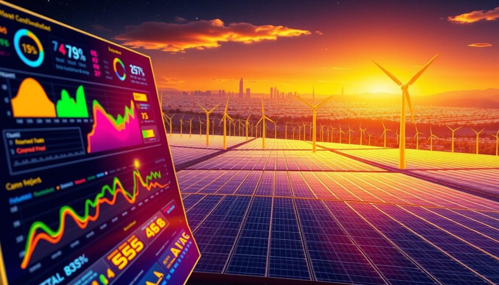 A dynamic, data-driven landscape depicting the forecasting of renewable energy output. In the foreground, a glowing digital dashboard displays real-time metrics and projections, with colorful charts and graphs. The middle ground features a sprawling solar farm or wind turbine array, their sleek forms bathed in warm, golden lighting. In the background, a futuristic cityscape stretches towards the horizon, hinting at the wider integration of renewable energy sources. The scene conveys a sense of precision, innovation, and the pivotal role of AI in optimizing renewable energy production and distribution. A dynamic, data-driven landscape depicting the forecasting of renewable energy output. In the foreground, a glowing digital dashboard displays real-time metrics and projections, with colorful charts and graphs. The middle ground features a sprawling solar farm or wind turbine array, their sleek forms bathed in warm, golden lighting. In the background, a futuristic cityscape stretches towards the horizon, hinting at the wider integration of renewable energy sources. The scene conveys a sense of precision, innovation, and the pivotal role of AI in optimizing renewable energy production and distribution.