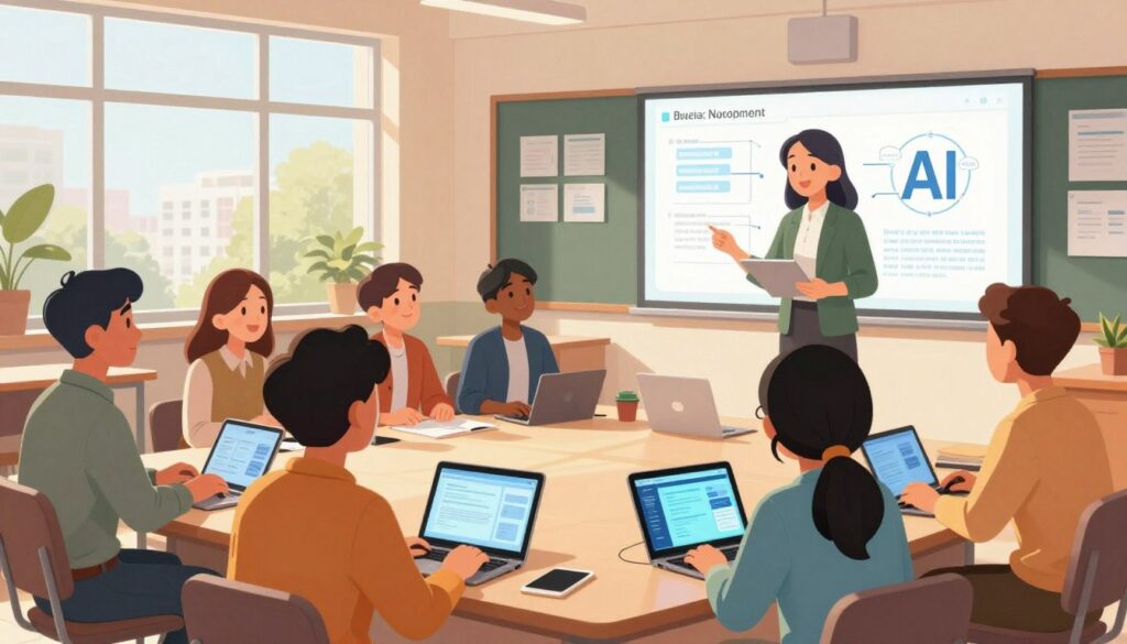 A dynamic scene illustrating a teacher's professional development session focused on AI tools. In the foreground, a diverse group of educators, dressed in smart casual attire, are engaged in collaborative discussions, examining tablets and laptops. In the middle ground, a well-designed classroom is adorned with high-tech learning resources, including whiteboards displaying data and diagrams related to AI concepts. The background features large windows with natural light streaming in, creating an inviting atmosphere. Soft, warm lighting highlights the engaged expressions of the teachers, conveying a sense of excitement and innovation. The overall mood is inspiring and motivating, showcasing the transformative power of technology in education.