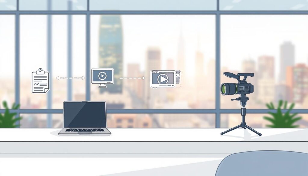 A dynamic workflow illustration showcasing a step-by-step process. The foreground depicts a series of simple line art icons representing the core stages - script writing, video production, post-processing, and publishing. The middle ground features a clean, minimalist workspace with a laptop, microphone, and other production tools. The background presents a soft, blurred cityscape, conveying a professional, commercial atmosphere. The overall lighting is bright and evenly distributed, creating a crisp, modern aesthetic. The composition is balanced, with the workflow steps as the central focus, supported by the workspace and city backdrop. The mood is one of efficiency, productivity, and a streamlined approach to video creation. A dynamic workflow illustration showcasing a step-by-step process. The foreground depicts a series of simple line art icons representing the core stages - script writing, video production, post-processing, and publishing. The middle ground features a clean, minimalist workspace with a laptop, microphone, and other production tools. The background presents a soft, blurred cityscape, conveying a professional, commercial atmosphere. The overall lighting is bright and evenly distributed, creating a crisp, modern aesthetic. The composition is balanced, with the workflow steps as the central focus, supported by the workspace and city backdrop. The mood is one of efficiency, productivity, and a streamlined approach to video creation.