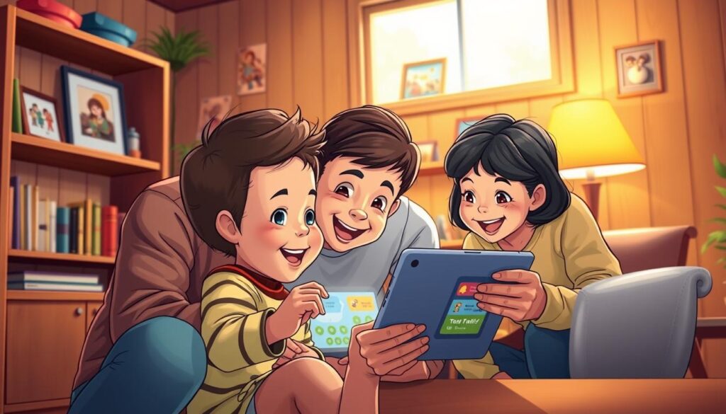 A family gathered around a cozy, wood-paneled home office, warm lighting casting a soft glow. In the foreground, a young child enthusiastically interacts with a touch-enabled tablet, exploring an engaging, colorful web application designed for family use. The parents lean in, guiding and sharing the experience, their faces filled with delight. In the background, shelves display educational books and framed family photos, creating a welcoming, nurturing atmosphere. The composition is balanced, with a shallow depth of field that draws the eye to the central activity. The scene conveys a sense of togetherness, learning, and the joys of technology enhancing family life.