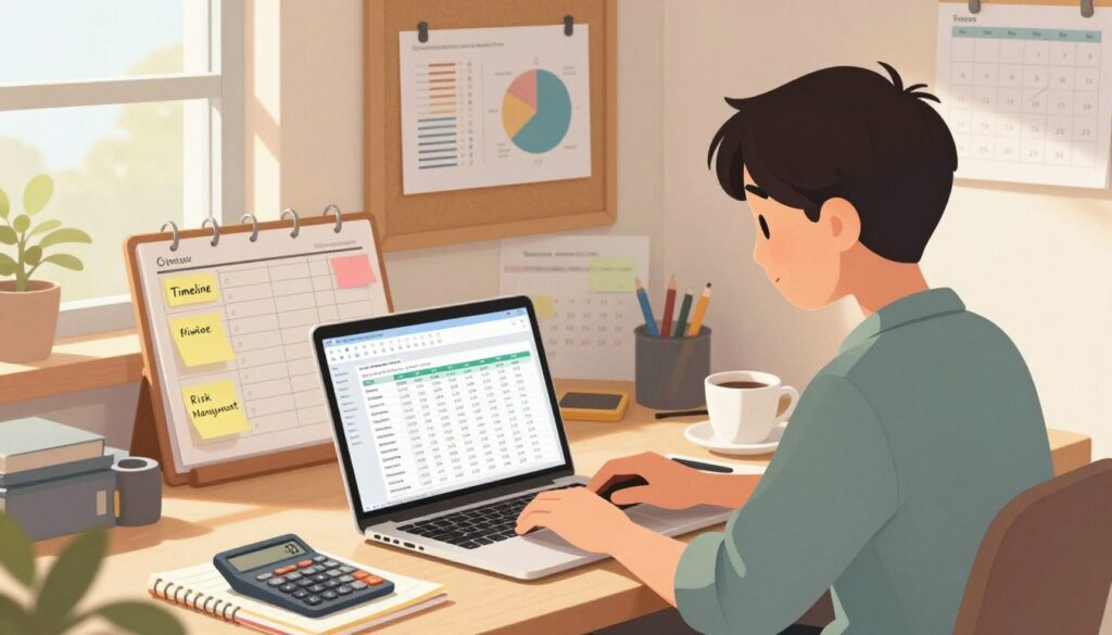 A focused composition showcasing a solo developer at a cluttered desk, deeply engaged in budgeting for their SaaS product. In the foreground, a laptop displays detailed spreadsheets filled with financial figures. A calculator, notepads, and a cup of coffee add to the work environment. The middle layer features a visually appealing planner with sticky notes labeled 'Timeline' and 'Risk Management,’ emphasizing organization amidst the creative process. In the background, a corkboard displays charts and a calendar, enhancing the atmosphere of careful planning and management. Soft, natural sunlight streams through a nearby window, casting gentle shadows and creating a warm, motivating ambiance that reflects the dedication of a solo entrepreneur.