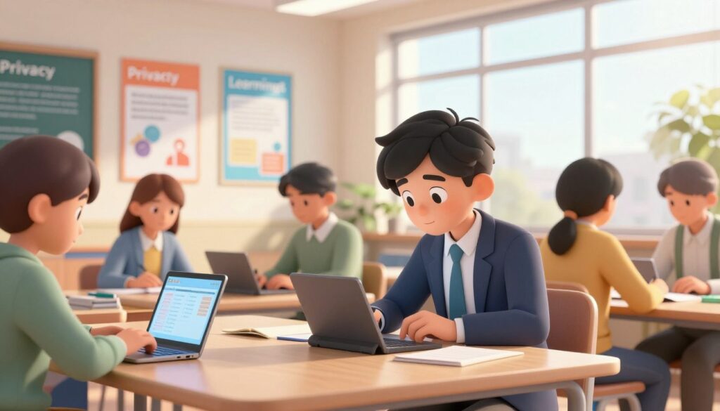A focused scene in a modern classroom setting, where a diverse group of students is engaged in collaborative work around a large table. In the foreground, a student is meticulously tracking data on a digital device, dressed in professional attire, with expressions of concentration and curiosity. The middle ground reveals a wall adorned with educational posters about privacy and learning, highlighting a tech-dominated environment. In the background, a large window allows soft natural light to filter in, creating a warm and inviting atmosphere. A subtle lens flare adds a touch of optimism to the scene. The overall mood balances professionalism with an innovative, supportive learning environment, emphasizing the balance between technology and student privacy.