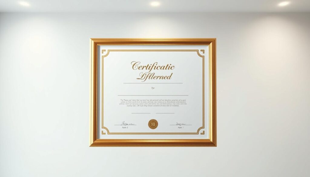 A formal, elegant certificate floating against a soft, blurred background. The certificate is crisp and clean, with a glossy sheen and precise, gilded edges. The center showcases a minimalist, typographic design in a neutral color palette, exuding an air of professionalism and authority. Subtle lighting from above casts gentle shadows, adding depth and dimension. The overall atmosphere is one of prestige, distinction, and credibility - the kind that would inspire confidence in any employer or client. A formal, elegant certificate floating against a soft, blurred background. The certificate is crisp and clean, with a glossy sheen and precise, gilded edges. The center showcases a minimalist, typographic design in a neutral color palette, exuding an air of professionalism and authority. Subtle lighting from above casts gentle shadows, adding depth and dimension. The overall atmosphere is one of prestige, distinction, and credibility - the kind that would inspire confidence in any employer or client.