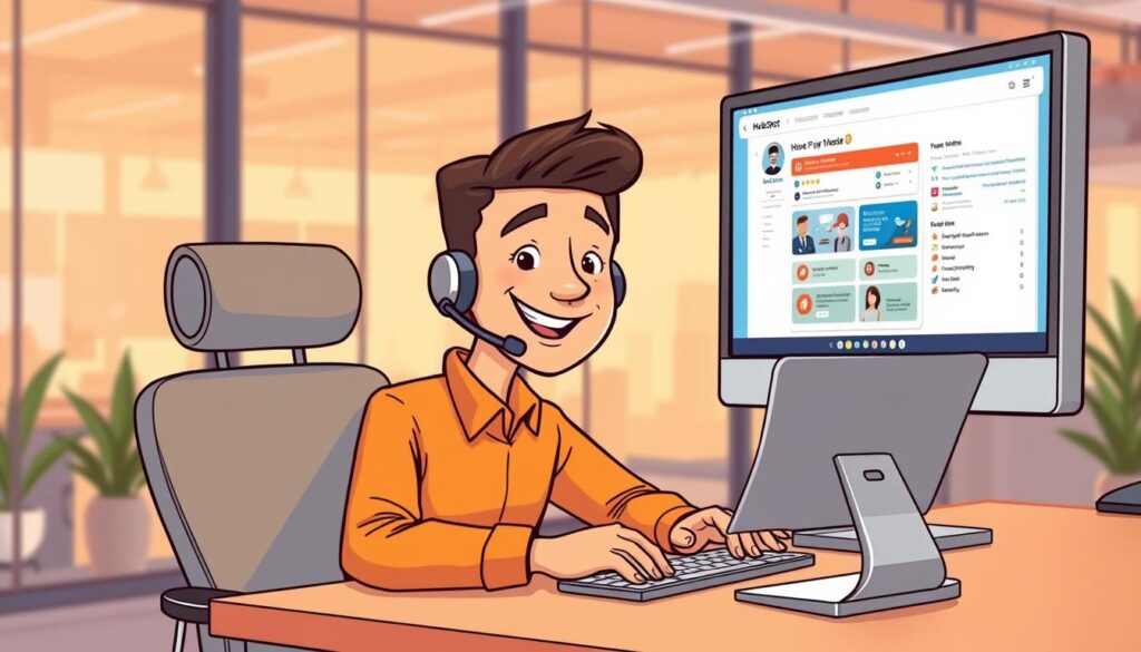 A friendly, helpful HubSpot customer service agent, seated at a modern desk in a bright, contemporary office setting. Warm, professional lighting illuminates the agent's face as they engage with a virtual customer, their CRM software dashboard visible on a sleek, high-resolution monitor. The agent's demeanor is attentive and reassuring, reflecting the brand's commitment to exceptional customer support. The overall scene conveys a sense of efficiency, technology-enabled productivity, and a dedication to providing a positive user experience.