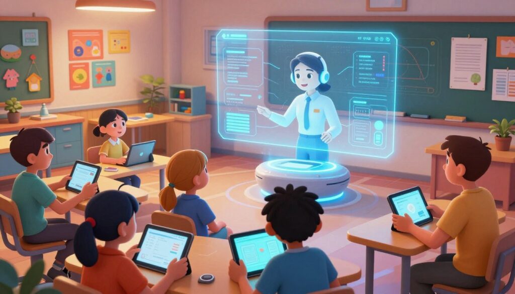 A futuristic classroom scene illustrating adaptive learning systems in action. In the foreground, a diverse group of students engaged with digital tablets, their faces illuminated by screen light, showcasing expressions of curiosity and focus. In the middle ground, a sleek AI-powered virtual tutor projected as a holographic interface, displaying personalized data visualizations and suggestions tailored to each student. The background features a high-tech learning environment with interactive boards and rich, colorful educational posters. The overall lighting is warm with a hint of cool blue from screen lights, creating a vibrant yet focused atmosphere. The composition includes a bird’s-eye angle to reveal the dynamic interaction between students and technology, emphasizing a sense of engagement and innovation.