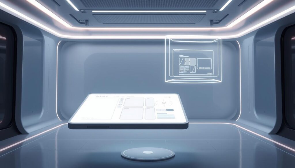 A futuristic, minimalist interface for rapid prototyping and interactive UX design. In the foreground, a clean, floating display showcases a wireframe layout, with intuitive gesture-based controls and a tactile input device. The middle ground features a floating, holographic model of the interface, allowing for real-time 3D manipulation and previewing. The background depicts a sleek, tech-inspired environment, with subtle lighting and a sense of depth, emphasizing the advanced, AI-powered nature of the prototyping process.