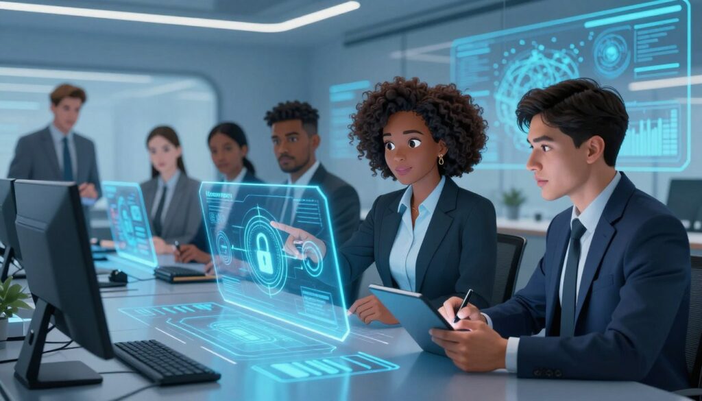 A futuristic office environment focusing on cybersecurity, featuring a diverse group of professionals in business attire collaborating around a large digital table displaying complex AI models and data analytics. In the foreground, a middle-aged Black woman, an expert in cybersecurity, points at a holographic interface while discussing encryption protocols with a younger Hispanic man, who takes notes on a digital tablet. The background includes transparent screens showing various security metrics and threat maps, bathed in soft blue lighting to create a high-tech atmosphere. Gentle, diffused lighting enhances the sense of focus and urgency. The overall mood is one of collaboration and innovation, symbolizing the effort to secure AI systems amid the rising complexities of cyber threats.