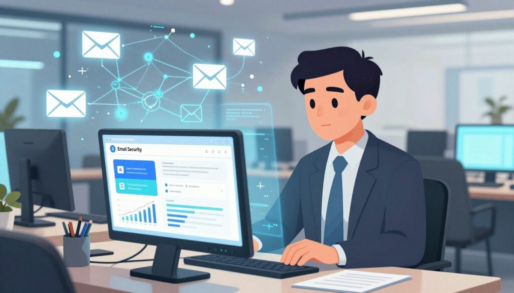 A futuristic office environment showcasing advanced email security platforms designed to combat phishing attacks. In the foreground, a sleek computer monitor displays graphs and analytics related to email security, with AI-generated alerts illustrated on the screen. In the middle ground, a professional in business attire, focused and attentive, interacts with the technology, highlighting collaboration between humans and AI. The background features a digital network landscape with abstract representations of secure email flows and phishing threats being neutralized. The lighting is bright and optimistic, emphasizing a high-tech atmosphere, while maintaining a clean and modern aesthetic. The scene captures the essence of innovation in cybersecurity for 2025.