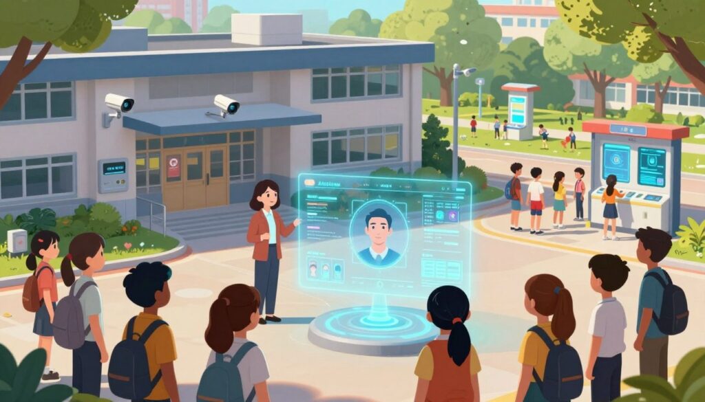 A futuristic school district environment showcasing advanced safety technology in K-12 education. In the foreground, a diverse group of educators and students observe a holographic display illustrating AI-driven safety protocols, with facial recognition systems and real-time monitoring dashboards. The middle ground features a modern school building adorned with surveillance cameras and smart sensors, integrated seamlessly into the architecture. In the background, a vibrant park area where students interact with AI-enabled safety kiosks. Soft, natural lighting filters through trees, creating an inviting yet secure atmosphere. The scene is captured from a slightly elevated angle, providing a panoramic view that highlights the innovation in district safety technology while maintaining a professional setting that conveys progress and community trust.