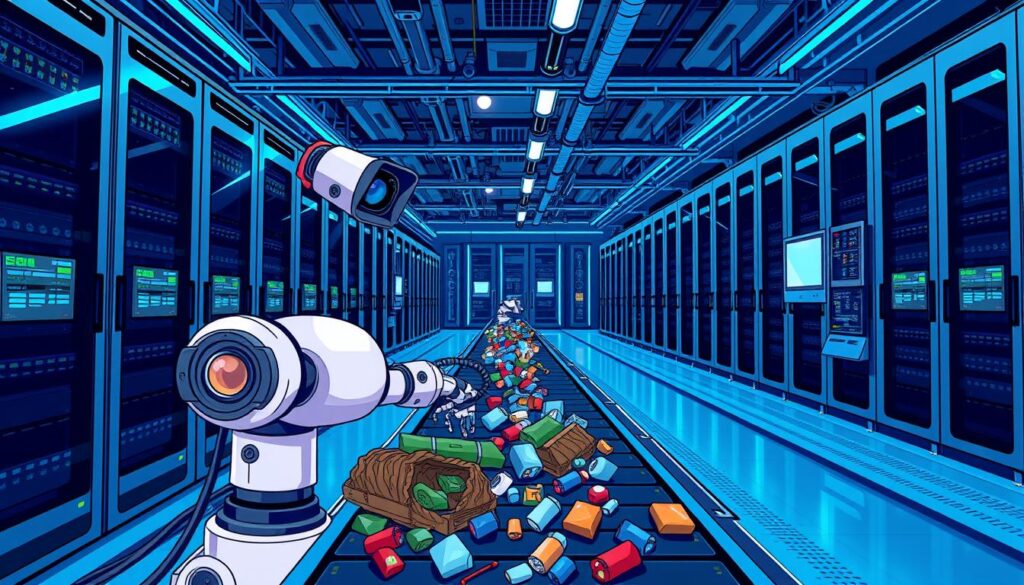 A high-tech data center with sleek computer servers and advanced networking equipment, bathed in cool blue lighting. In the foreground, a robotic arm with a camera module carefully inspects and sorts different waste materials on a conveyor belt. Surrounding the robotic system, a web of IoT sensors and control panels monitor the entire process, feeding real-time data to a central computer vision system. The background features a panoramic view of the futuristic facility, with state-of-the-art environmental monitoring and waste management infrastructure. The scene conveys a sense of efficiency, precision, and seamless integration of cutting-edge technology.
