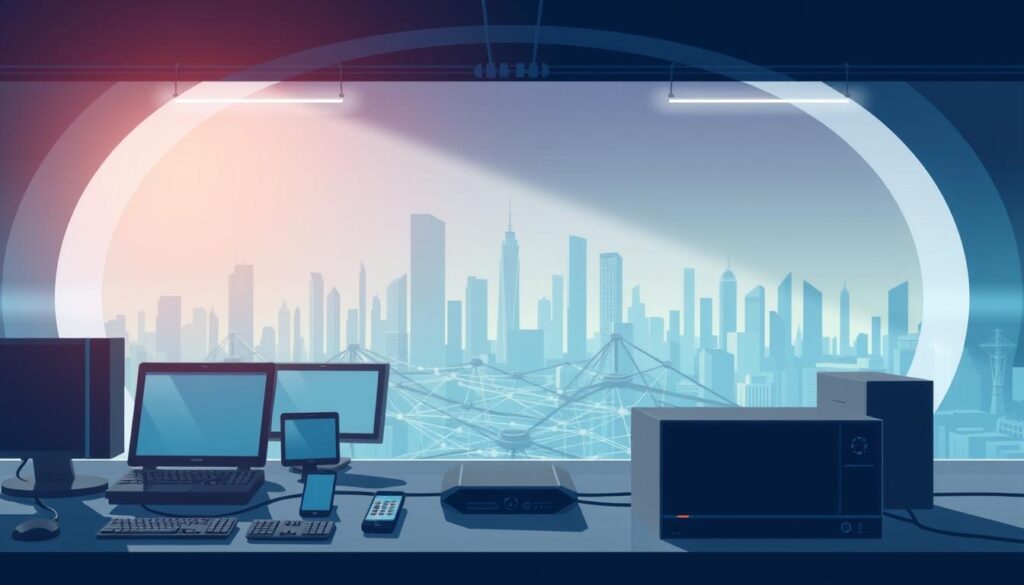 A high-tech distribution platform set against a sleek, modern backdrop. In the foreground, various devices and interfaces representing different digital distribution channels, such as mobile apps, websites, and streaming platforms. In the middle ground, a network of interconnected nodes and pathways, symbolizing the complex web of distribution infrastructure. In the background, a cityscape of towering skyscrapers, conveying a sense of scale and the pervasive nature of digital distribution. Soft, directional lighting casts dramatic shadows, creating depth and a sense of technological sophistication. The overall atmosphere is one of efficiency, connectivity, and the seamless flow of digital content.