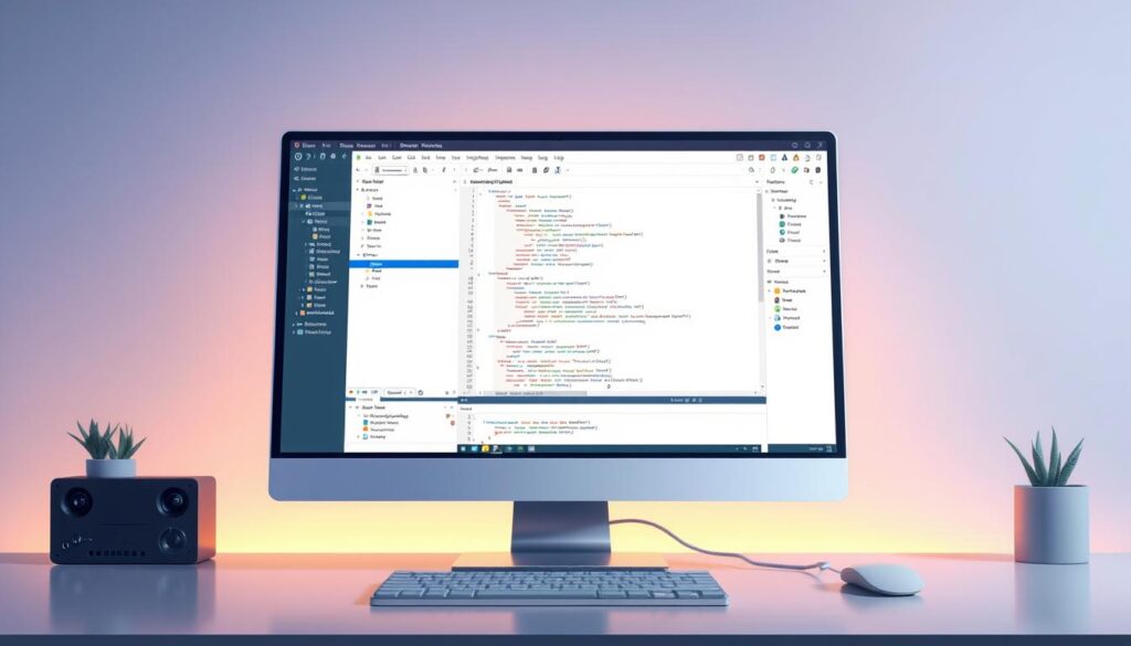 A highly detailed and realistic digital illustration of the Bolt platform editor interface, showcased on a modern desktop computer display. The editor is presented in a well-lit, minimalist workspace with a subtle warm-toned ambient lighting, creating a professional and focused atmosphere. The interface features a clean, spacious layout with a central code editor panel, a hierarchical project structure on the left, and various customizable tool panels on the right. The overall design conveys a sense of flexibility, power, and command-level control for developers.