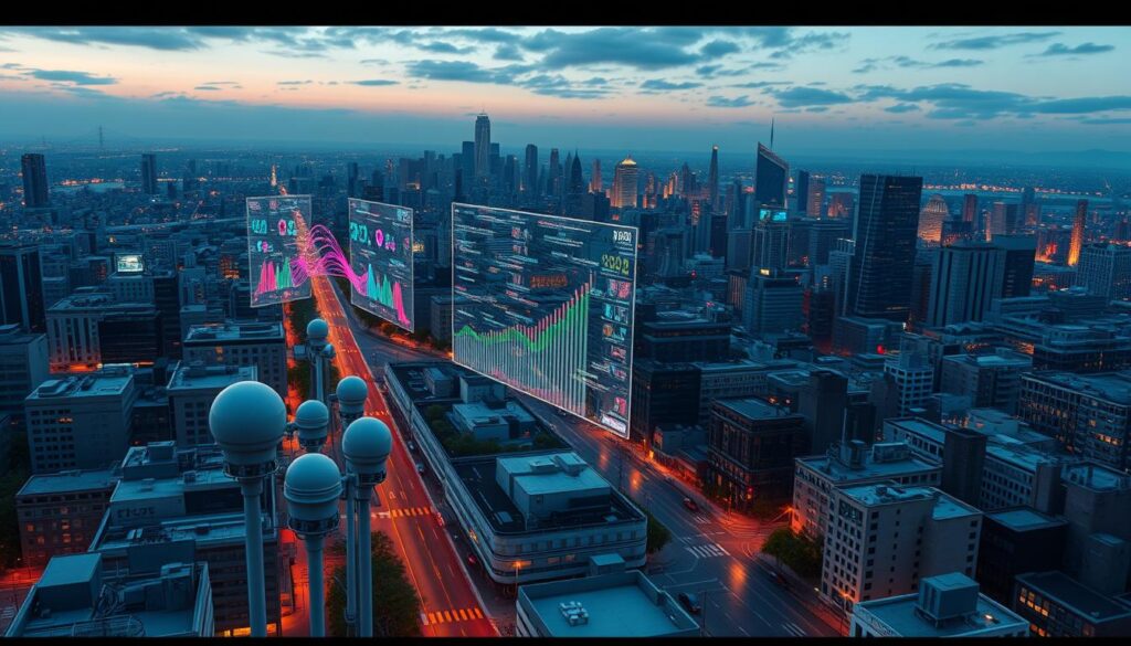 A highly detailed, photorealistic urban landscape depicting a complex network of interconnected air monitoring sensors and data visualization interfaces. The scene is set at dusk, with warm, rich lighting casting long shadows across the cityscape. In the foreground, a cluster of sleek, compact air monitoring stations are strategically placed along city streets, their precise instrumentation capturing real-time data. In the middle ground, a dynamic 3D visualization of air quality metrics is projected onto a series of transparent displays, with color-coded data flows mapping the invisible currents of pollution across the urban mesh. The background features a panoramic view of the city skyline, skyscrapers and infrastructure rendered in intricate, architectural detail, suggesting the scale and complexity of the air monitoring system.