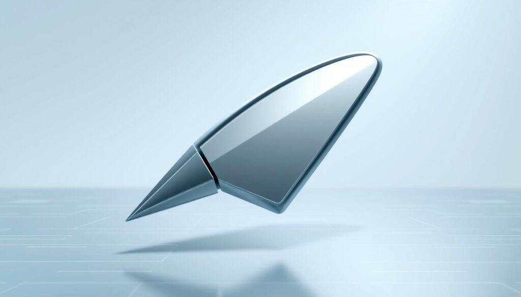 A highly detailed, three-dimensional cursor icon with a sleek, modern design. The cursor is rendered in shades of gray with metallic accents, casting soft shadows and highlights. The foreground features the cursor's smooth, tapered body and an intricate pointer tip. The middle ground showcases the cursor's dynamic, responsive movement, with subtle motion blur effects. The background contains a minimalist, technology-inspired environment with clean lines, subtle patterns, and a cool, professional color palette. Bright, indirect lighting from multiple angles creates depth and dimension, giving the cursor a sense of weight and solidity. The overall mood is one of precision, sophistication, and high-end digital tools.
