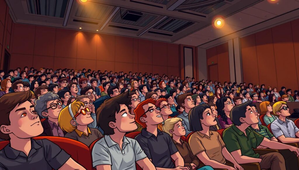 A large, enthusiastic audience seated in a modern, well-lit auditorium. The viewers are intently focused, their faces rapt with attention as they lean forward, eager to absorb the presentation unfolding on the stage. The lighting is warm and inviting, creating a sense of energy and excitement. The camera angle is slightly elevated, providing a panoramic view of the room and the engaged crowd. The atmosphere is one of anticipation and receptiveness, perfectly suited for a captivating AI-powered meme presentation.