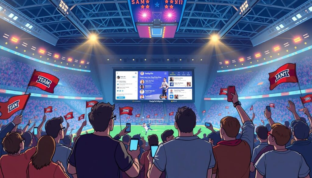 A lively sports arena filled with enthusiastic fans cheering and waving their team's flags. In the foreground, a group of fans engaged in an animated discussion, their faces lit by the glow of their smartphones as they share updates and engage with the team's official social media. In the middle ground, a large video screen displays real-time fan reactions and social media posts, creating a sense of shared excitement and community. The background features the arena's architecture, with modern lighting fixtures casting a warm, energetic glow over the scene. The overall mood is one of electric energy, passion, and deep connection between the fans and their beloved team.