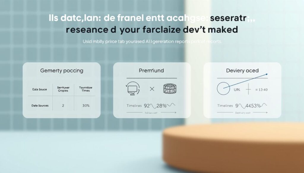 A minimalist, data-driven infographic depicting the key factors in pricing and packaging AI-generated market research reports. The foreground features a clean grid layout showcasing three primary report scopes - Basic, Standard, and Premium - with corresponding data sources, turnaround times, and price points. The middle ground includes simple data visualizations highlighting the relationship between report complexity, data costs, and delivery timelines. The background has a subtle grid pattern and a cool, muted color palette to convey an analytical, professional tone. Rendered with a high-quality, photorealistic style using a shallow depth of field to focus attention on the key information.