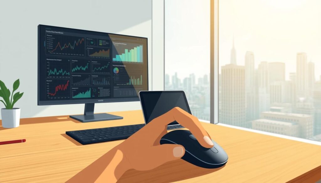 A minimalist office setting with a wooden desk, clean lines, and a large window overlooking a city skyline. On the desk, a laptop and a high-end monitor display complex data visualizations and statistical models. The lighting is soft and natural, casting a warm glow on the scene. In the foreground, a hand hovers over a mouse, the user deeply engaged in the analytical process. The mood is one of focused concentration, with a sense of innovation and discovery. The overall impression is of a space dedicated to the rigorous practice of advanced marketing analytics and machine learning. A minimalist office setting with a wooden desk, clean lines, and a large window overlooking a city skyline. On the desk, a laptop and a high-end monitor display complex data visualizations and statistical models. The lighting is soft and natural, casting a warm glow on the scene. In the foreground, a hand hovers over a mouse, the user deeply engaged in the analytical process. The mood is one of focused concentration, with a sense of innovation and discovery. The overall impression is of a space dedicated to the rigorous practice of advanced marketing analytics and machine learning.