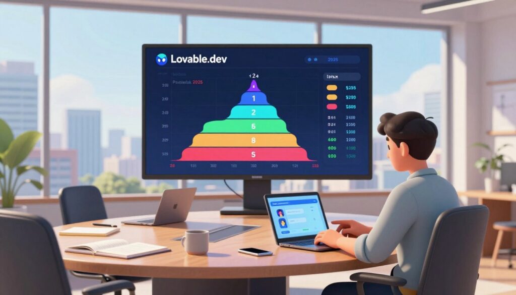 A modern and sleek office workspace, showcasing a large digital screen displaying a vibrant and dynamic pricing chart for Lovable.dev in 2025. In the foreground, a focused professional wearing smart casual attire is analyzing data on a laptop, with various pricing tiers visually represented on the screen. The middle layer features a stylish conference table cluttered with modern gadgets and notepads, suggesting a collaborative environment. The background portrays a panoramic city view through a floor-to-ceiling window, with natural light streaming in, creating a bright and optimistic atmosphere. Soft shadows enhance the mood, while a slightly blurred effect on the outskirts adds depth, making the pricing details the center of attention. The image conveys innovation and modernity in the developer experience.