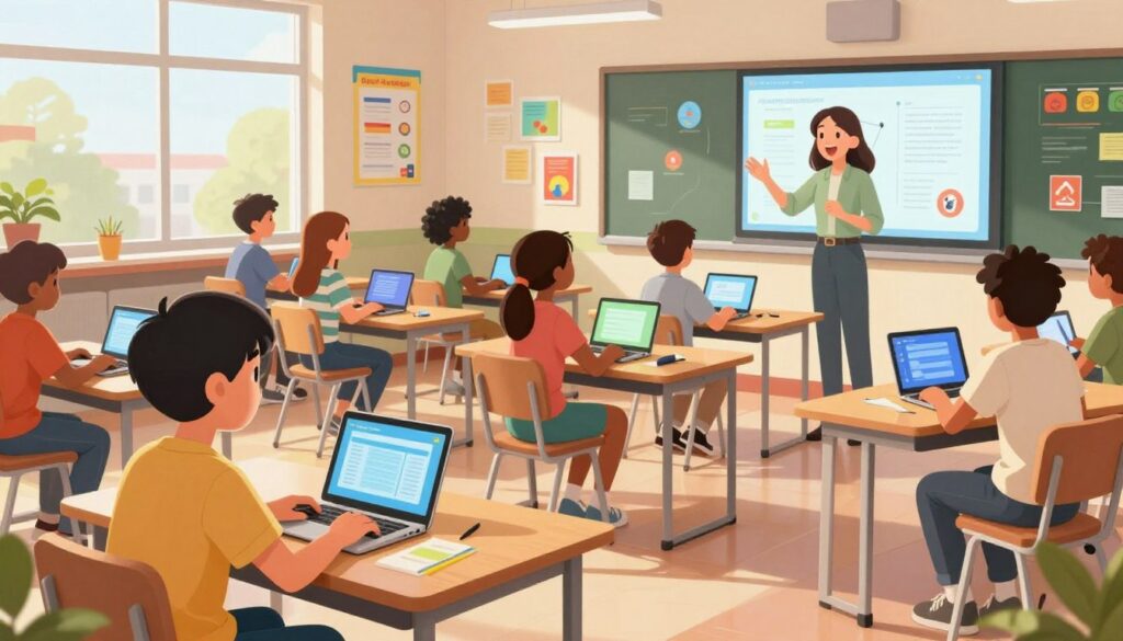 A modern classroom setting filled with engaged students of diverse backgrounds, each focused on their digital devices and interactive whiteboards. In the foreground, a student raises their hand, wearing smart casual clothing, showcasing a sense of eagerness and participation. The middle ground includes desks arranged in clusters, with students collaborating on projects, surrounded by vibrant educational posters on the walls. Soft, natural light streams in from large windows, illuminating the space and creating a warm, inviting atmosphere. The background features a teacher guiding students, visibly excited and connected to their learning. The overall mood is one of enthusiasm and innovation, capturing the essence of measurable impact on learning outcomes and engagement.