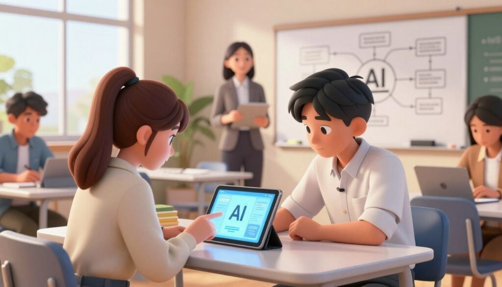 A modern classroom setting focused on AI literacy, with diverse high school students engaged in learning. In the foreground, two attentive students, a boy and a girl, are seated at a sleek, minimalistic desk, interactively exploring a digital tablet. The girl, wearing a smart casual outfit, points to the screen, while the boy, in a well-fitted shirt, leans in, clearly intrigued. In the middle ground, a teacher, dressed in professional attire, stands near a whiteboard covered in flowcharts and diagrams explaining AI concepts. The background features large windows allowing natural light to flood the room, creating an inviting atmosphere. The lighting is soft and warm, enhancing the mood of curiosity and engagement in this innovative learning environment.