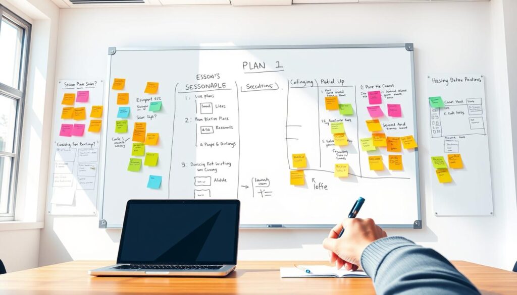 A modern classroom setting, with a whiteboard taking center stage. Colorful sticky notes and lesson plan outlines cover the board, illustrating the rapid roundup of AI-powered lesson planning tools. In the foreground, a teacher's hands rapidly jotting down ideas, while a laptop and tablet on the desk suggest the integration of technology. The lighting is bright and natural, creating a dynamic and productive atmosphere. The angle captures the energy and efficiency of the lesson planning process, showcasing the power of AI-driven education tools.