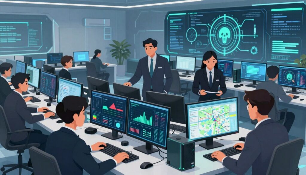 A modern cybersecurity operations center filled with high-tech security tools and systems. In the foreground, an array of monitors displaying real-time threat analytics, security dashboards with graphs, and data maps, surrounded by sleek workstations equipped with advanced computer hardware. The middle ground features professionals in business attire, deeply focused on their screens, collaborating and discussing strategies, with an air of urgency and professionalism. The background depicts a large digital wall with infographics showing AI algorithms predicting security threats, illuminated by soft blue and green LED lighting, creating a high-tech and futuristic mood. The camera angle is slightly elevated, capturing the whole scene in a dynamic perspective that emphasizes teamwork and cutting-edge technology.
